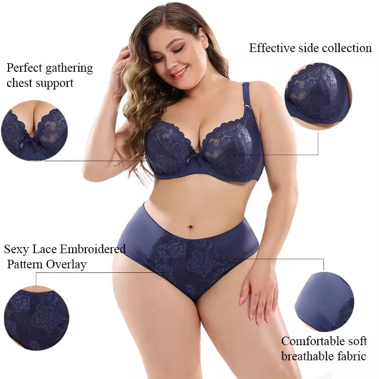 Ultra-Thin Lace Plus Size Bra Set European Sexy Ladies Underwear Fat Women Panties and Bra Set