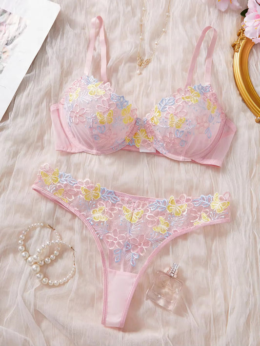 New Floral Embroidered Mesh Lingerie Sets Underwire Push up Bra & Panty Sweet Seductive Lingerie Women