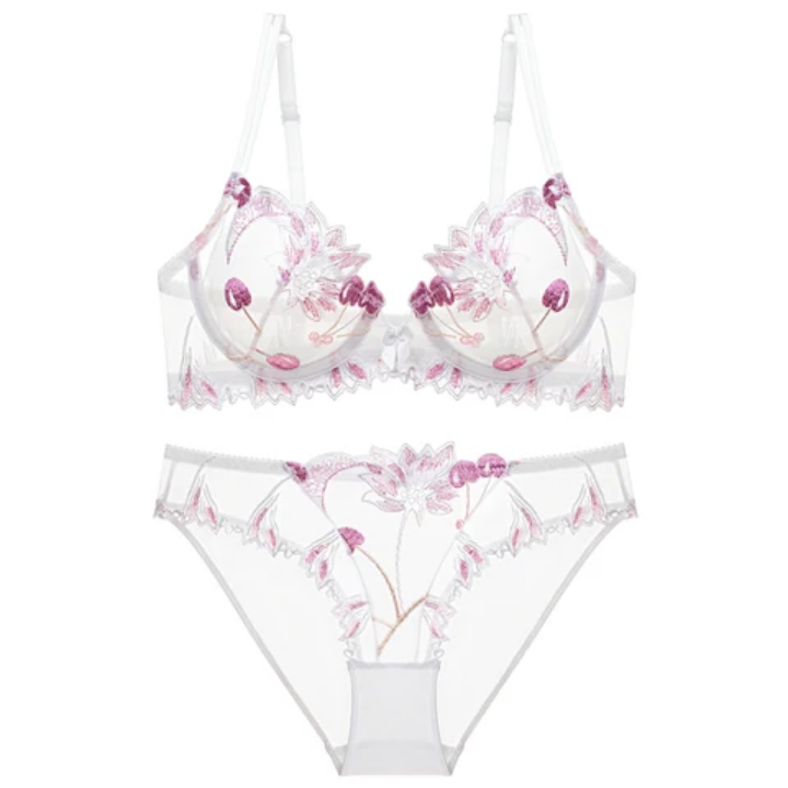 Transparent Cherry Embroidered Mesh Bra Large Chest Plus Size Women