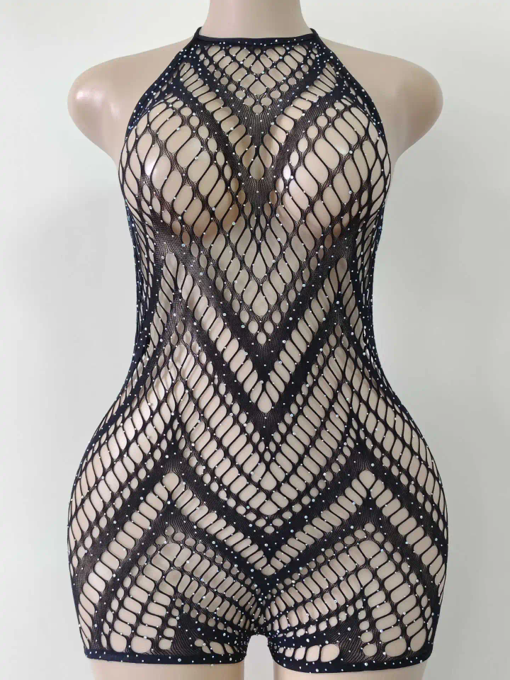 Woman Black Lace Mesh Rhinestone Hollow Sling Lingerie