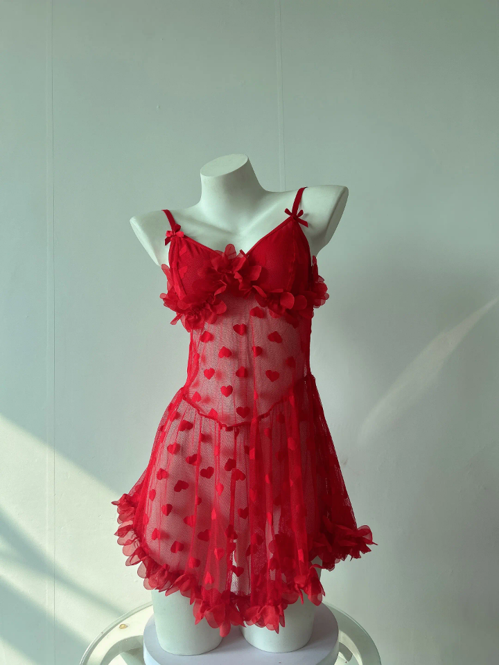 HeartBloom Desire – Red Mesh 2-Piece Lingerie Dress