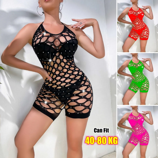 Luxury Sparkly Rhinestone Halter Neck Mesh Stretchy Women's One Piece Jumpsuit Sexy Bodystocking