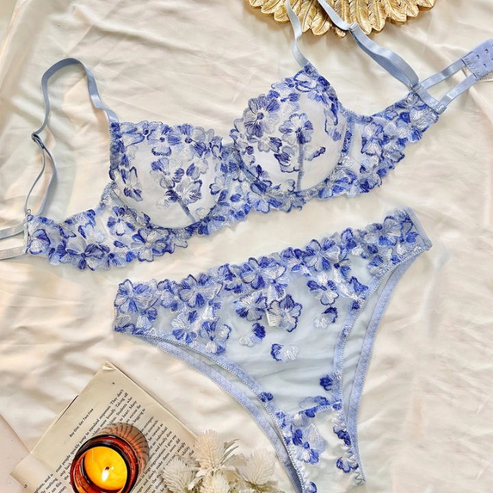 New French Flower Embroidery Perspective Sexy Girls Colorfull Sexy Lingerie 2 Piece Set