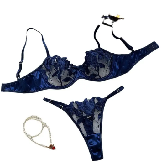 Elegant Lace Silk Splicing Hot Selling Women Sexy Lingerie With Flower Decoration