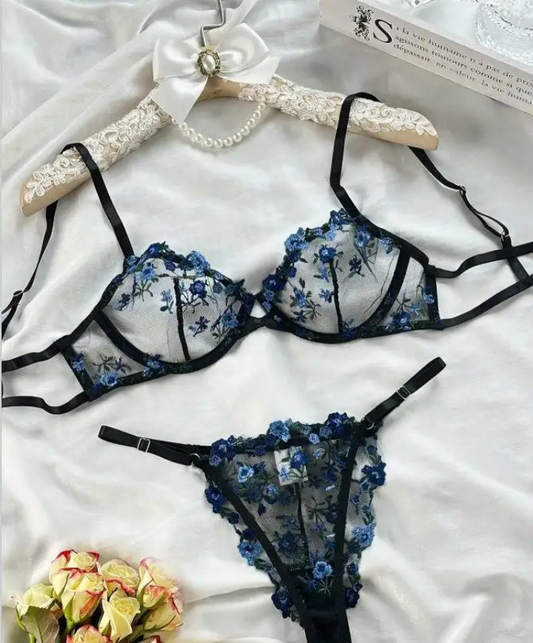 Women Fancy Floral Sexy Transparent Romantic 2-Piece Intimate Wear