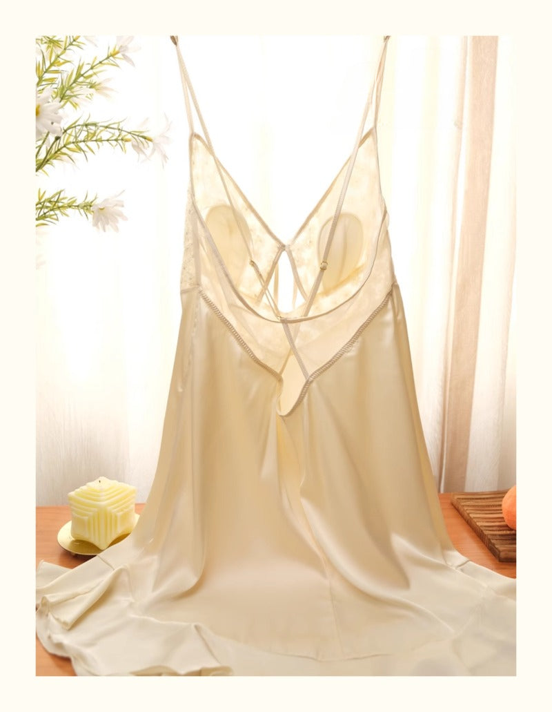 Sexy Women's Pajamas Ice Silk Pajamas Daisy Lace Suspender Nightdress with Chest Pad Nightgown Seduction Lingerie Underwear