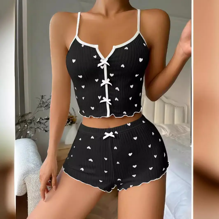 Women’s Cute Heart Print Ribbed Camisole & Shorts Nightwear Set