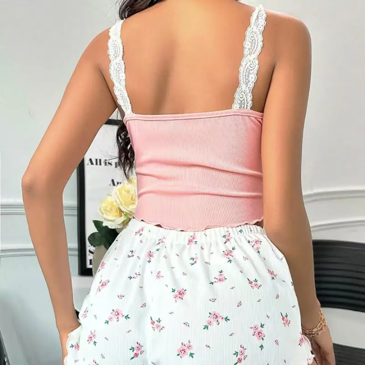 Sexy Lace+print Top and Shorts Set Beautiful Pattern Sleepwear For women