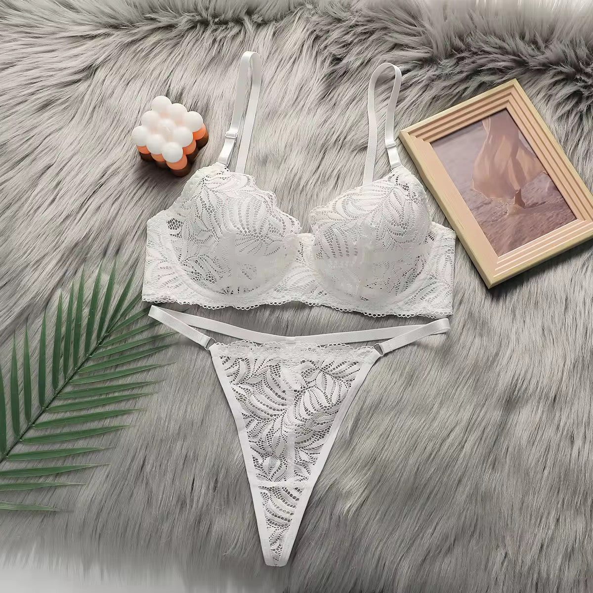 White Lace See-Through Two Pieces Underwire Bra and Thong Set