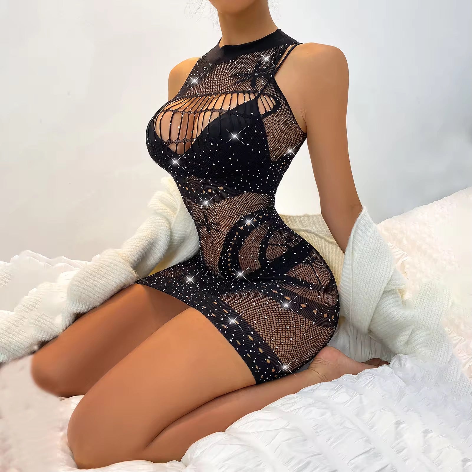 Shiny Rhinestone Fishnet Women Body Stocking Sexy Club Dresses Party