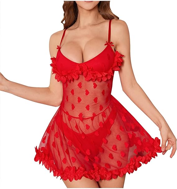 HeartBloom Desire – Red Mesh 2-Piece Lingerie Dress