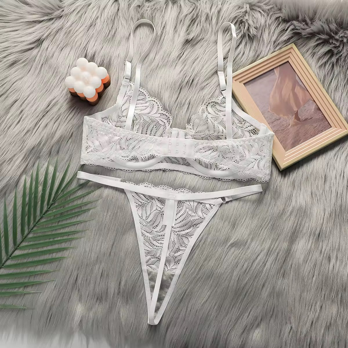 White Lace See-Through Two Pieces Underwire Bra and Thong Set