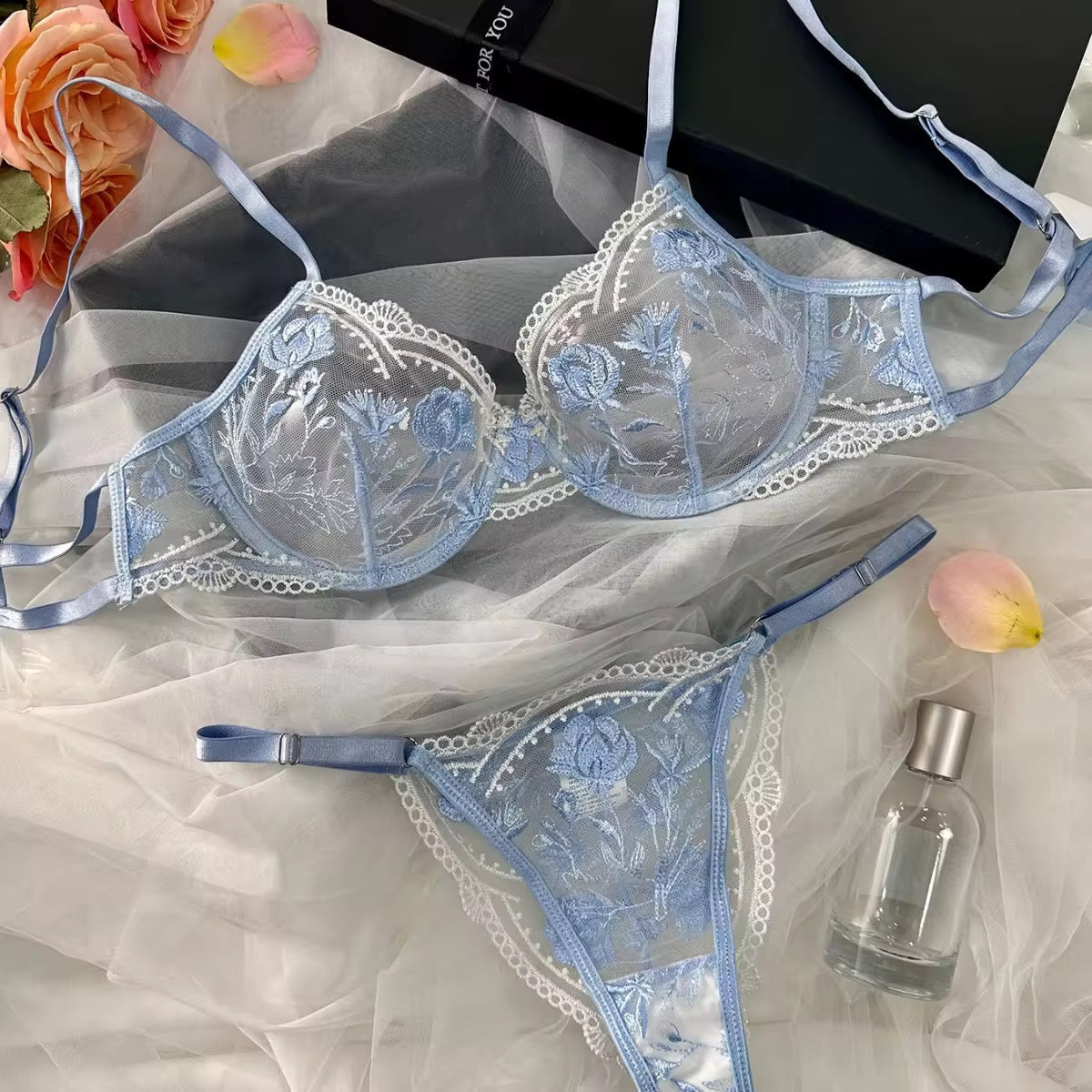 Floral Embroidered Pink Girly Style Sheer Mesh Sexy Lace Lingerie Set