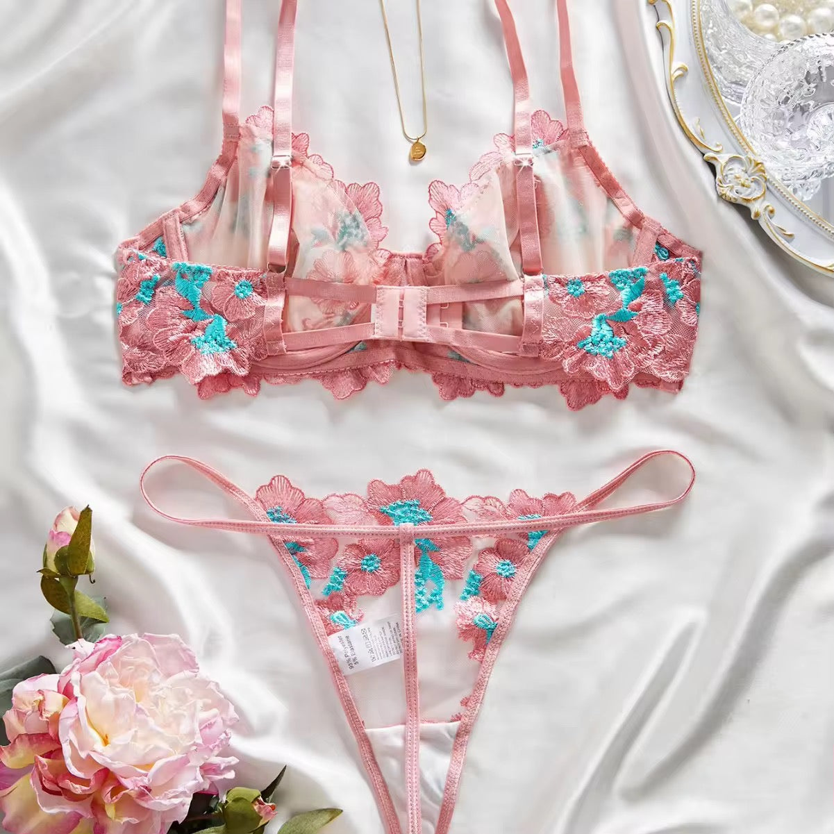 2025 New Floral Embroidered Mesh Underwire Push up Bra Set Pure Desire Sheer Lingerie G-String