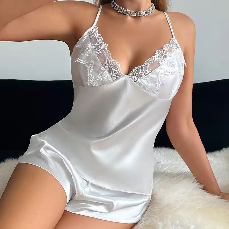 Elegant Design Women's Sexy Lace Pajamas 2 Set Set Breathable Ice Silk for Women's