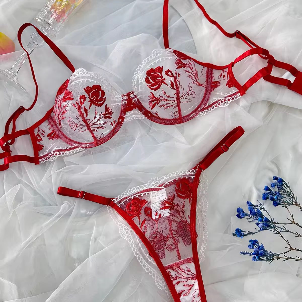 Floral Embroidered Pink Girly Style Sheer Mesh Sexy Lace Lingerie Set