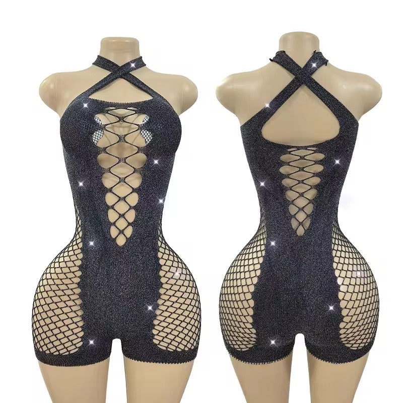 Gorgeous Woman Clubbing Outfits Shiny Design Silver Silk Hollow out Bodycon Jumpsuits Dancer Outfits Exotic Stripper Outfit