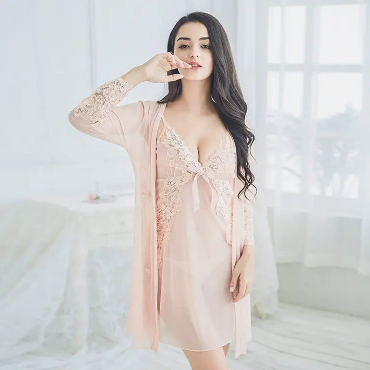 Hot Sexy Deep V Spaghetti Straps Nightdress 3Pcs Set