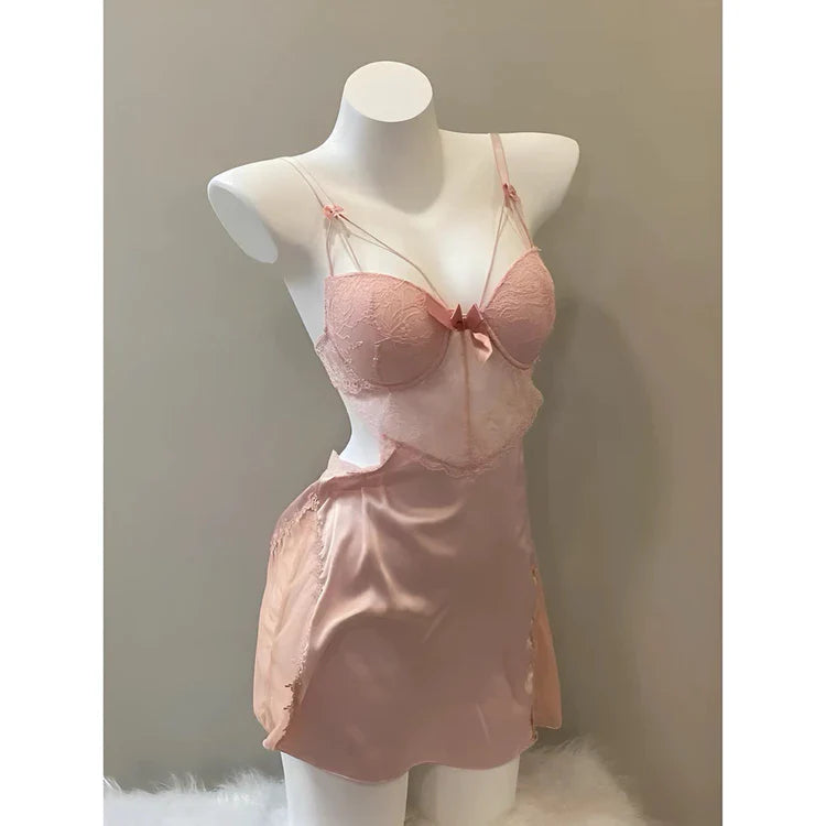 High-quality silk nightgown with stylized chest pad and seductive backless, women's nightgown, with pants