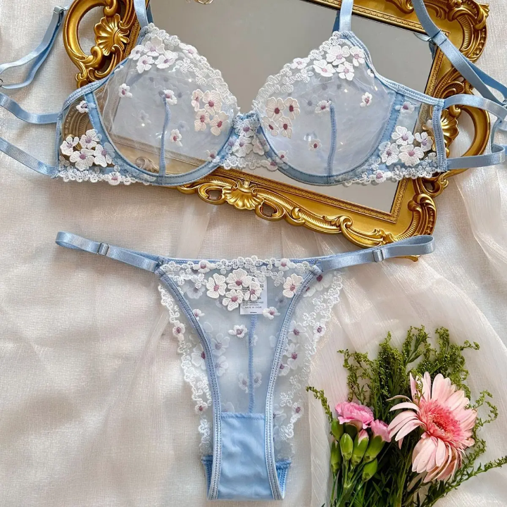 New French Sweet Print Embroidery Mesh Perspective Comfortable Gathering Sexy Bra Sets