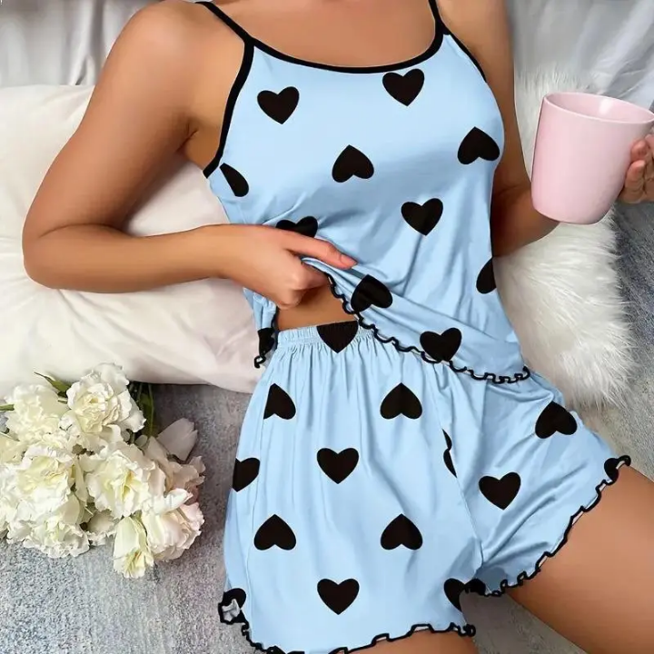 Bow Print 2Pcs Girls Sleepwears Milk Silk Casual Women's Pajamas Set
