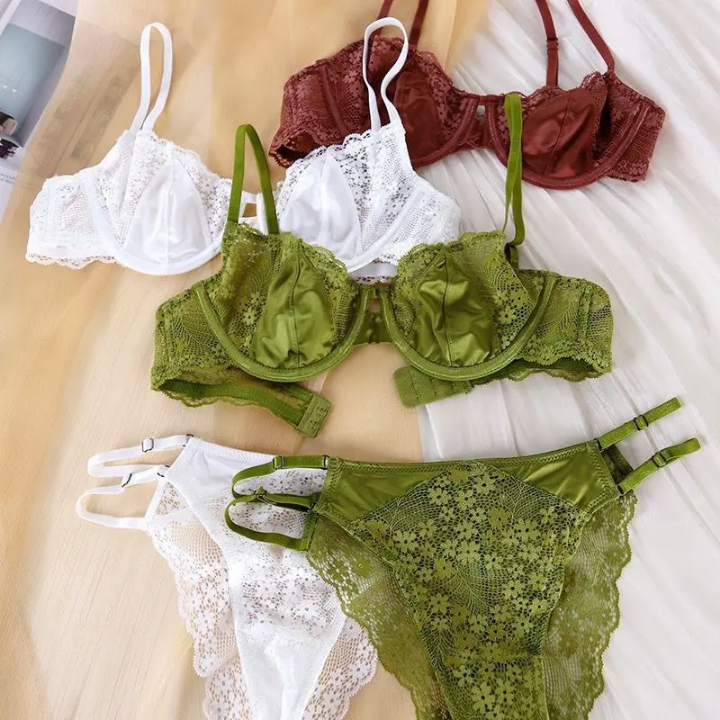 French Sexy Ultra-thin Satin Lace Underwear Set with Thongs, High-quality Women's Bra