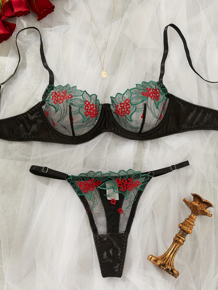 Women Lingerie Valentine's Day Sexy Mesh Embroidery Perspective Sexy Underwear for Women