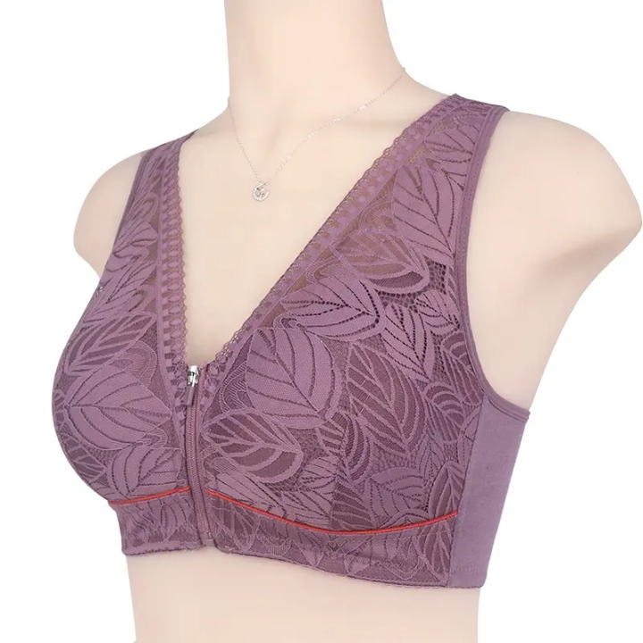 Soft cotton bra with front zipper for women,lace strap, plus size bra, leaf print tank top.