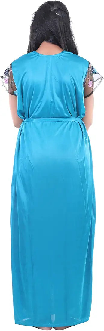 Secret Wish Women's Sky Blue Satin Nighty wih Robe (Free Size)