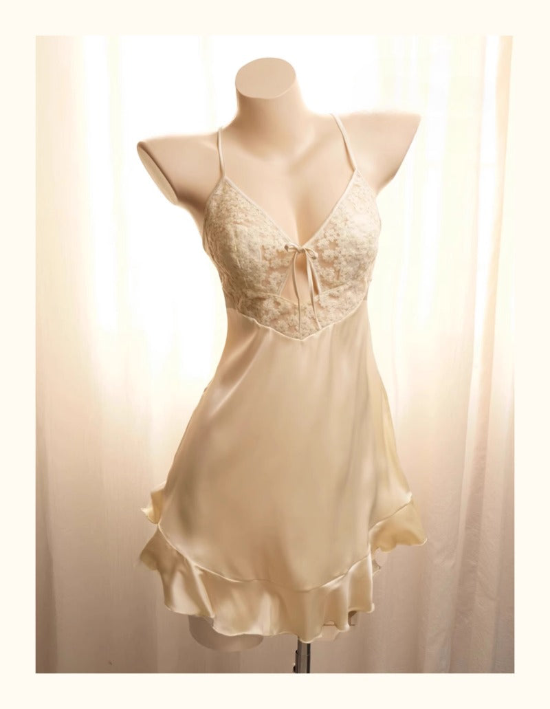 Sexy Women's Pajamas Ice Silk Pajamas Daisy Lace Suspender Nightdress with Chest Pad Nightgown Seduction Lingerie Underwear