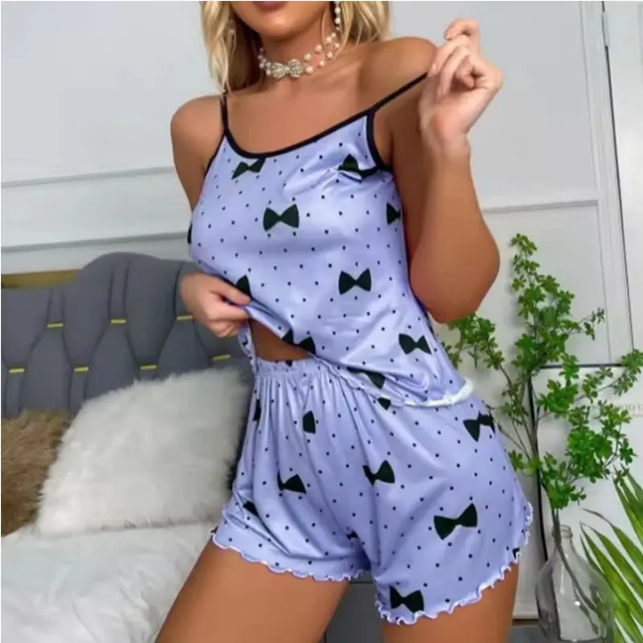 Bow Print 2Pcs Girls Sleepwears Milk Silk Casual Women's Pajamas Set