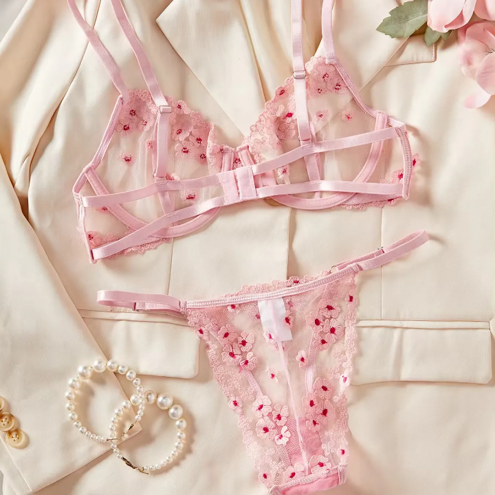 Floral Embroidery Mesh Bra Set