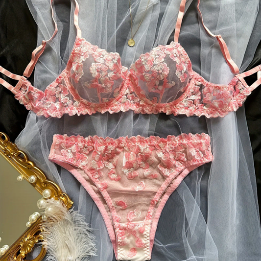 New French Flower Embroidery Perspective Sexy Girls Colorfull Sexy Lingerie 2 Piece Set