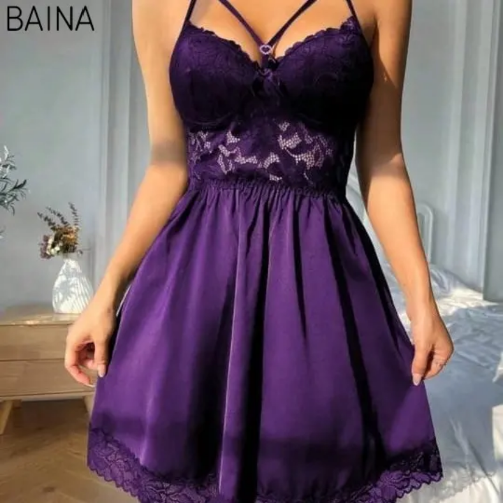 Women's Fashion Sexy Satin Silk Floral Lace Lingerie Transparent Night Dress
