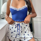 Sexy Lace+print Top and Shorts Set Beautiful Pattern Sleepwear For women