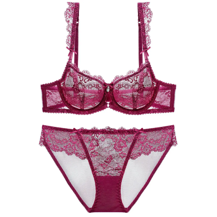 Sexy Lace Unlined Bra Set Woman Embroidered Mesh Underwire Lingerie Set