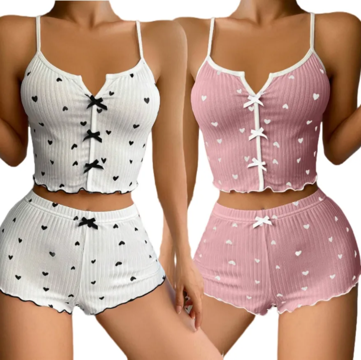 Women’s Cute Heart Print Ribbed Camisole & Shorts Nightwear Set