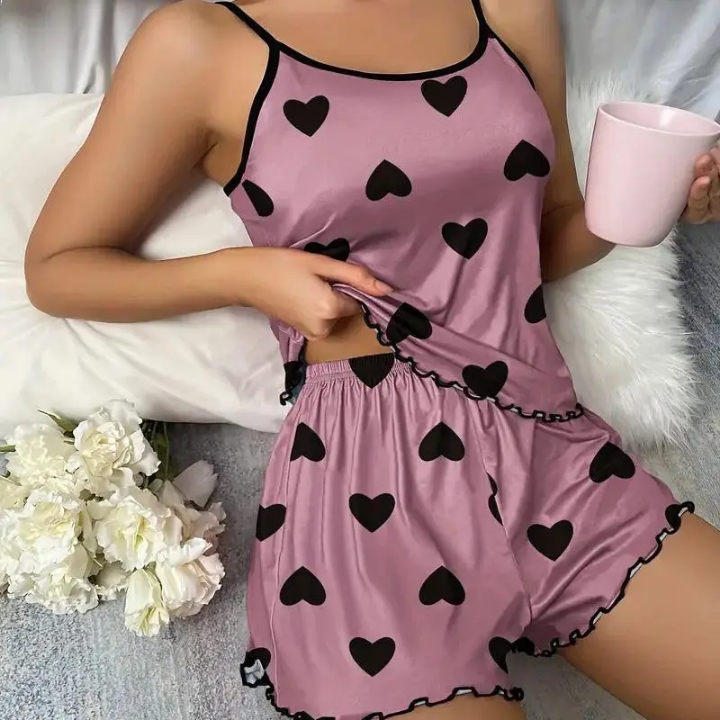 Bow Print 2Pcs Girls Sleepwears Milk Silk Casual Women's Pajamas Set