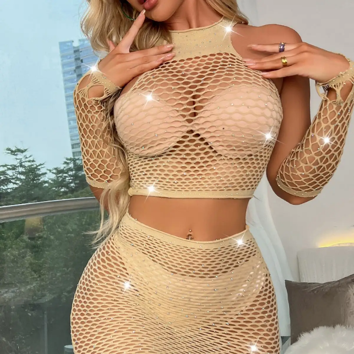 2025 Fishnet Bodystocking Glitter Women Erotic Black Red Lingerie Sexy Rhinestones Two Piece Fishnet Lingerie Set