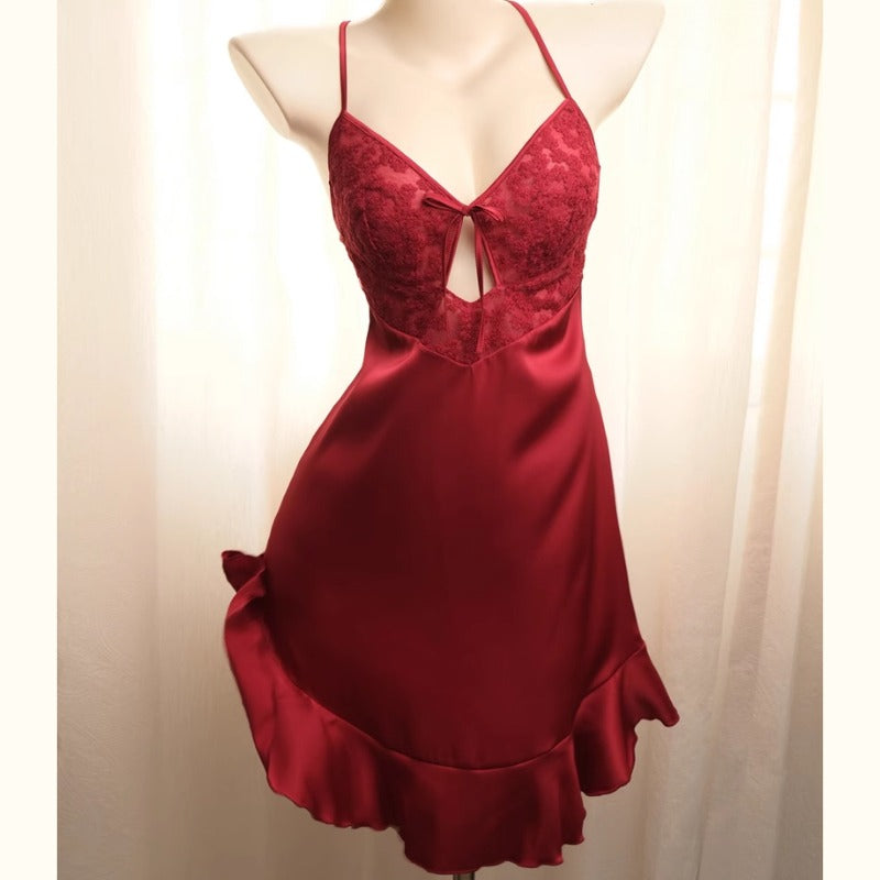 Sexy Women's Pajamas Ice Silk Pajamas Daisy Lace Suspender Nightdress with Chest Pad Nightgown Seduction Lingerie Underwear