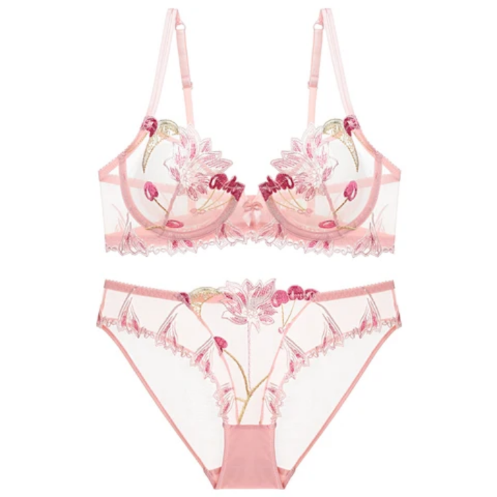Transparent Cherry Embroidered Mesh Bra Large Chest Plus Size Women