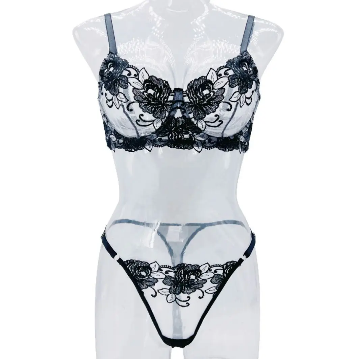 New Floral Mesh Lingerie Embroidery Gathered See-Through Sexy Thong Sex 2-Piece Suit