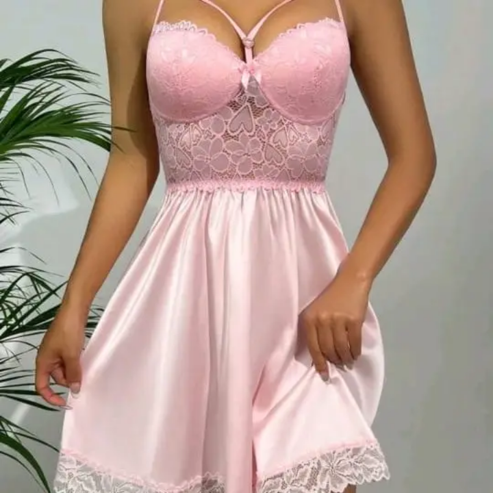Women's Fashion Sexy Satin Silk Floral Lace Lingerie Transparent Night Dress