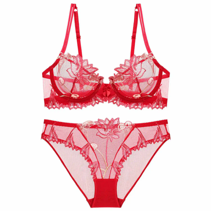 Transparent Cherry Embroidered Mesh Bra Large Chest Plus Size Women