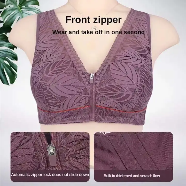 Soft cotton bra with front zipper for women,lace strap, plus size bra, leaf print tank top.