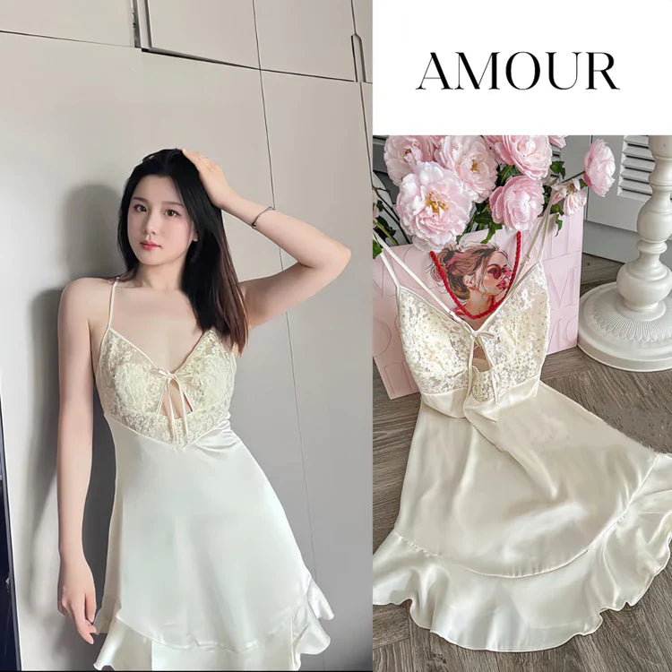 Sexy Women's Pajamas Ice Silk Pajamas Daisy Lace Suspender Nightdress with Chest Pad Nightgown Seduction Lingerie Underwear