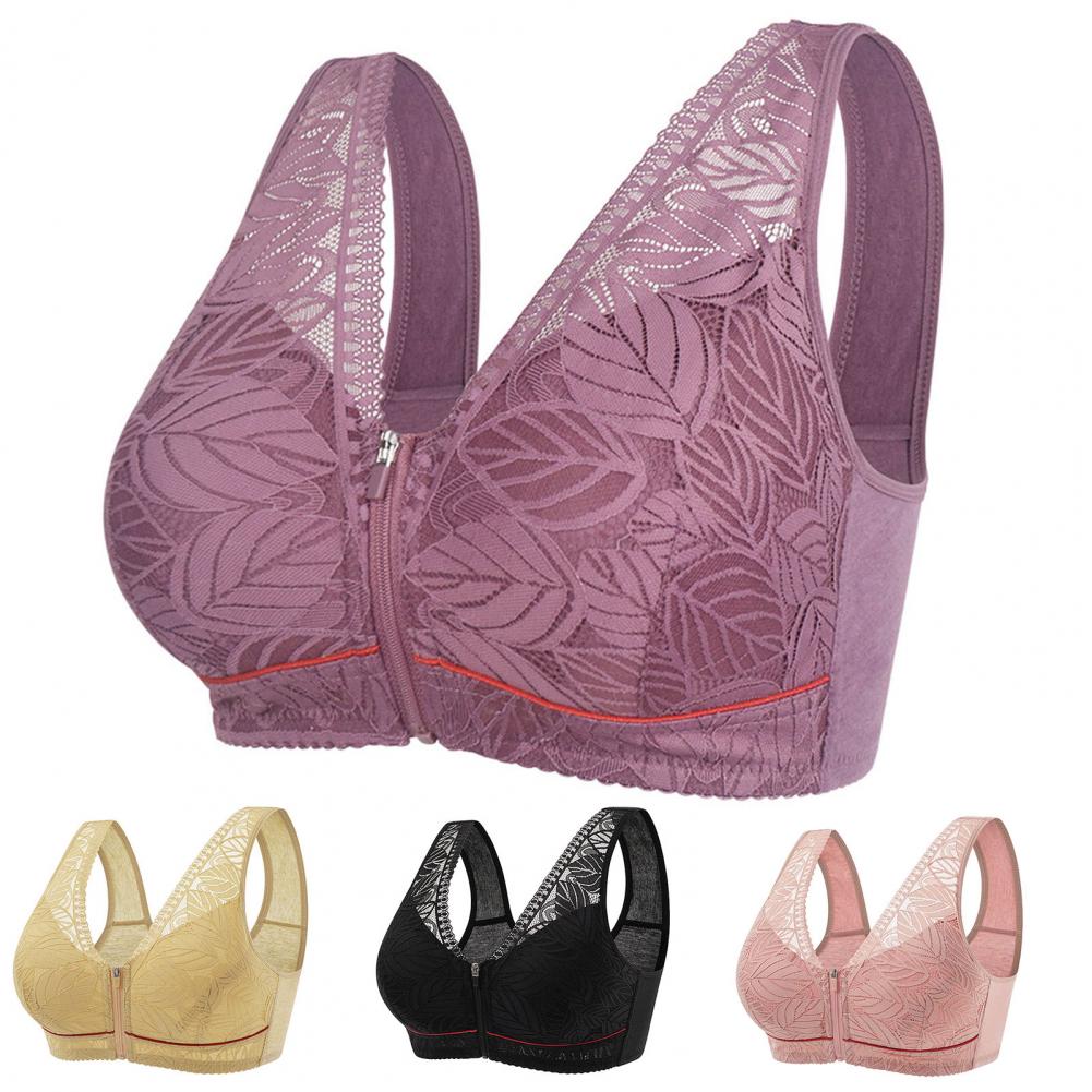 Soft cotton bra with front zipper for women,lace strap, plus size bra, leaf print tank top.