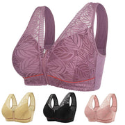 Soft cotton bra with front zipper for women,lace strap, plus size bra, leaf print tank top.