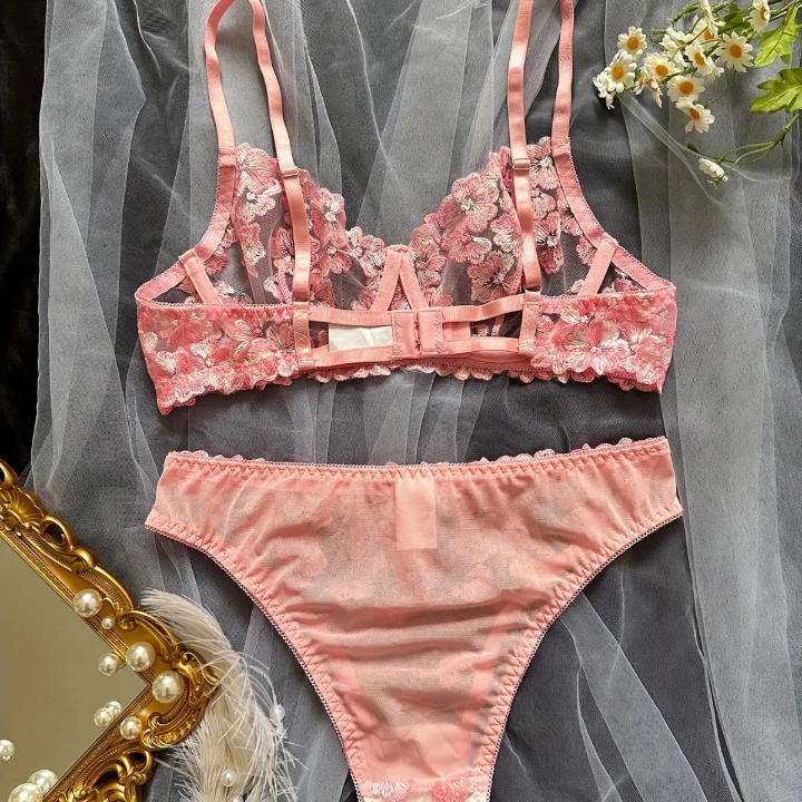 New French Flower Embroidery Perspective Sexy Girls Colorfull Sexy Lingerie 2 Piece Set