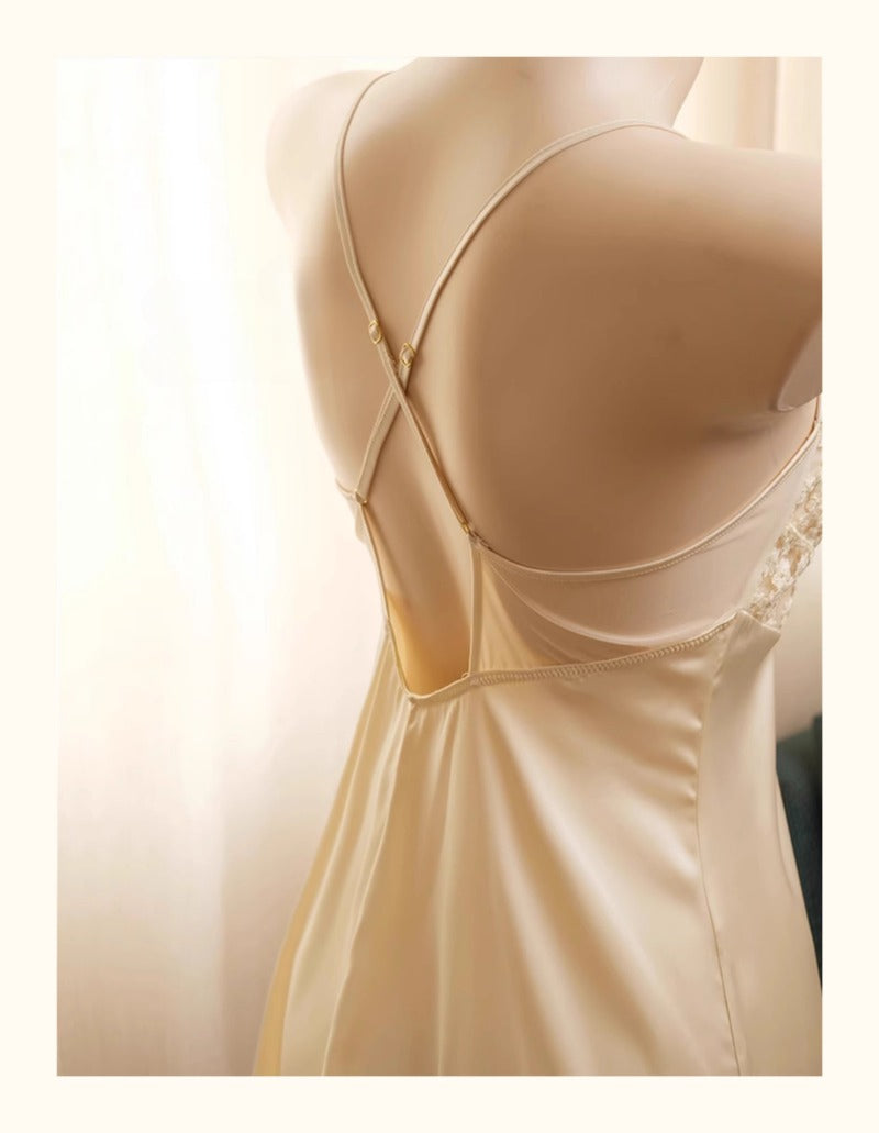 Sexy Women's Pajamas Ice Silk Pajamas Daisy Lace Suspender Nightdress with Chest Pad Nightgown Seduction Lingerie Underwear